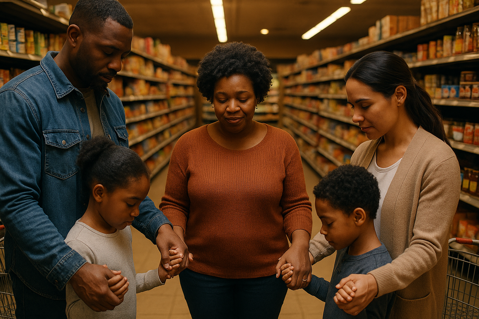 family praying for black lady in grocery store